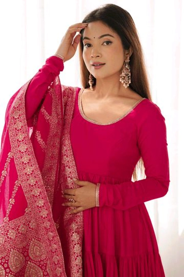 Pista Silk Gown With Jacquard Banarasi Dupatta - Lipstick Red, XS