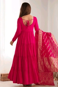 Pista Silk Gown With Jacquard Banarasi Dupatta - Lipstick Red, XXL