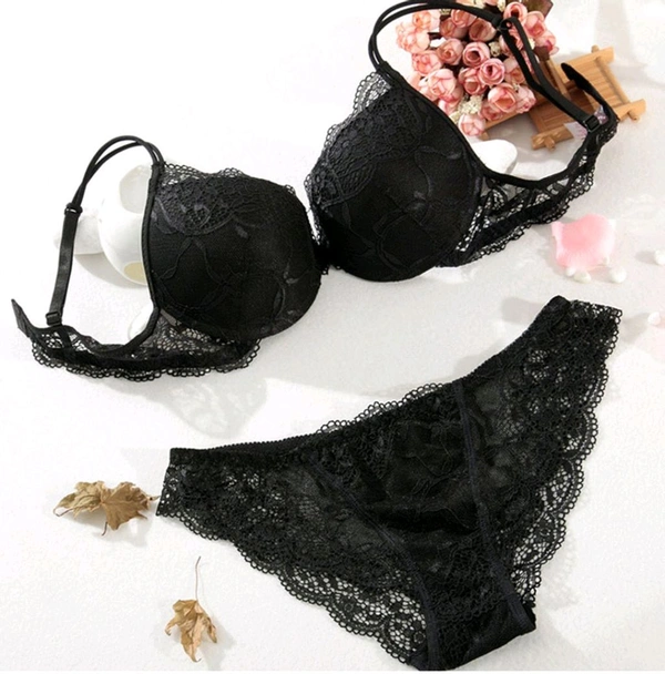 Bra & Panty Set Embroidered Black Lingerie Set - Black, 28B