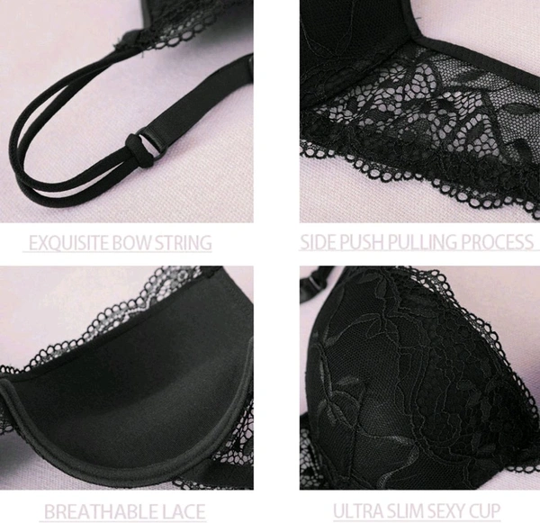 Bra & Panty Set Embroidered Black Lingerie Set - Black, 28B