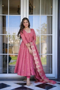 Women's Designer Soft Bandhani Anarkali Styles Salwar Suit
 - Darty pink, L