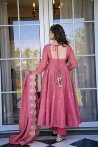 Women's Designer Soft Bandhani Anarkali Styles Salwar Suit
 - Darty pink, M
