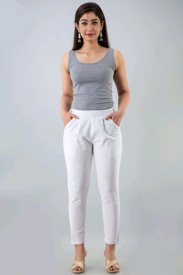 Women Relaxed Brown Pure Cotton Trousers - White, 36
