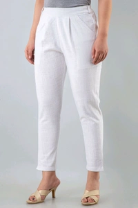 Women Relaxed Brown Pure Cotton Trousers - White, 36