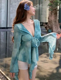 Women Long Sleeves V Neck Print Georgette Top - Smalt Blue, S