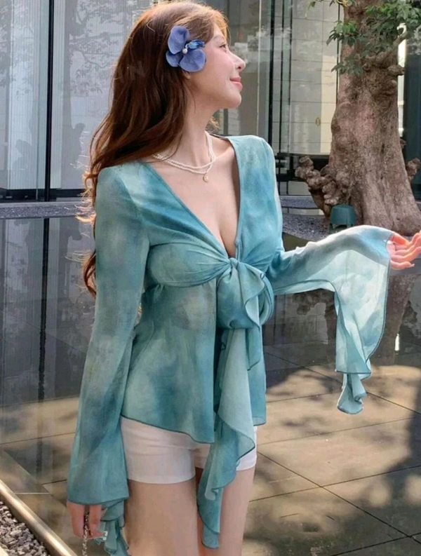 Women Long Sleeves V Neck Print Georgette Top - Smalt Blue, S