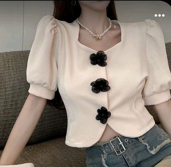 Casual Puff Sleeves Solid Women Beige Top - Soft Amber, M