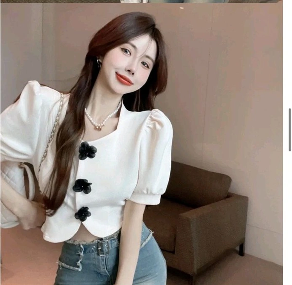 Casual Puff Sleeves Solid Women Beige Top - Soft Amber, S