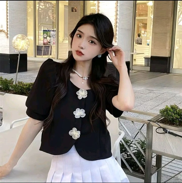 Casual Puff Sleeves Solid Women Beige Top - Black, S