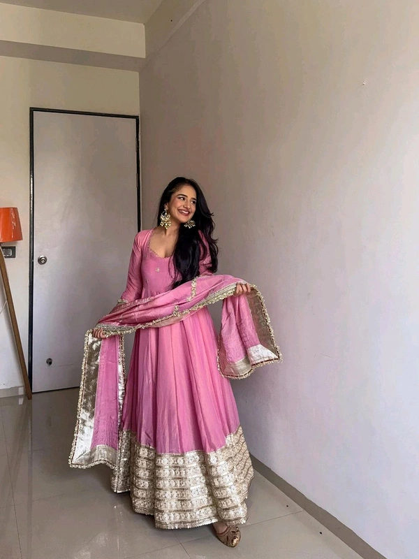 Celebrity Style Dusty Pink Color Vichitra Silk With Embroidery Zari-Codding Sequins Work Anarkali Gown - Pink Salmon, XXL
