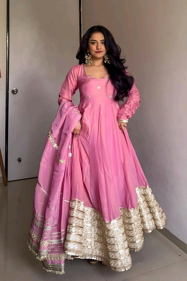 Celebrity Style Dusty Pink Color Vichitra Silk With Embroidery Zari-Codding Sequins Work Anarkali Gown - Pink Salmon, XXXL
