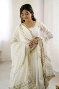 Celebrity Style Dusty Pink Color Vichitra Silk With Embroidery Zari-Codding Sequins Work Anarkali Gown - White, XL