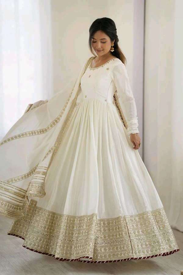 Celebrity Style Dusty Pink Color Vichitra Silk With Embroidery Zari-Codding Sequins Work Anarkali Gown - White, XXXL