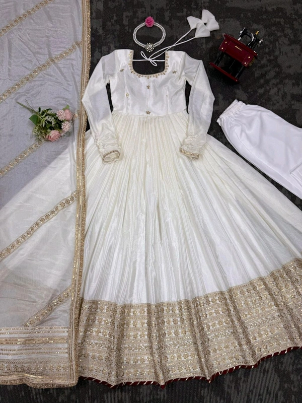 Celebrity Style Dusty Pink Color Vichitra Silk With Embroidery Zari-Codding Sequins Work Anarkali Gown - White, XXXL