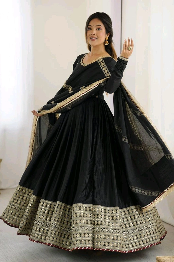 Celebrity Style Dusty Pink Color Vichitra Silk With Embroidery Zari-Codding Sequins Work Anarkali Gown - Black, L