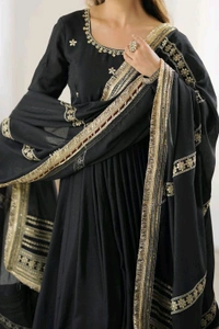 Celebrity Style Dusty Pink Color Vichitra Silk With Embroidery Zari-Codding Sequins Work Anarkali Gown - Black, L