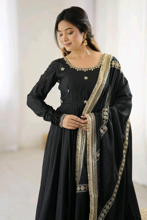 Celebrity Style Dusty Pink Color Vichitra Silk With Embroidery Zari-Codding Sequins Work Anarkali Gown - Black, XL