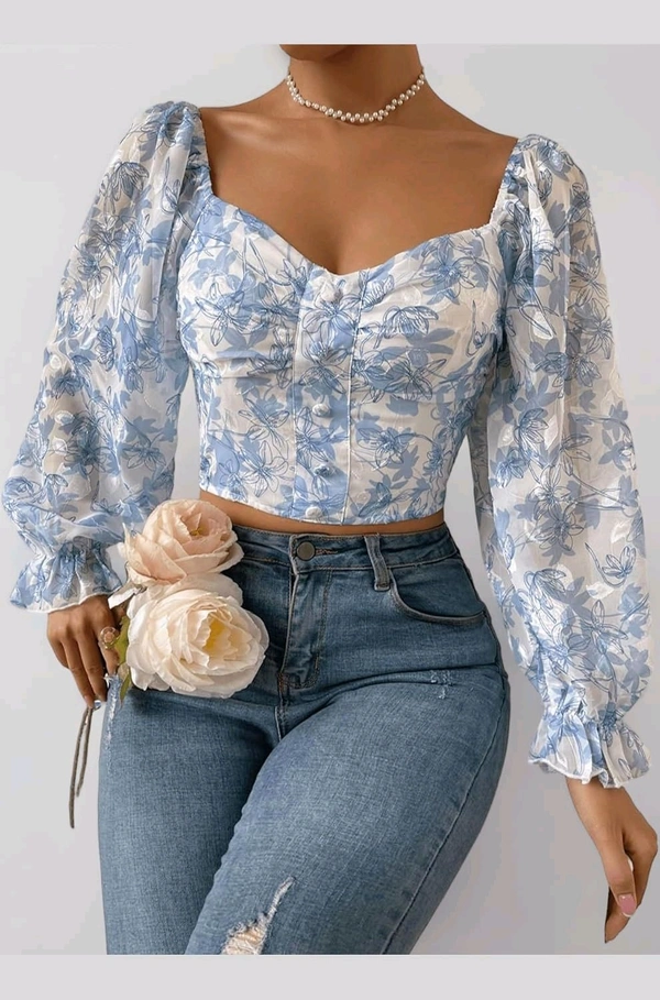 Women's Sweetheart Neck Bishop Sleeve Floral Print Crop Top - Manatee, XL