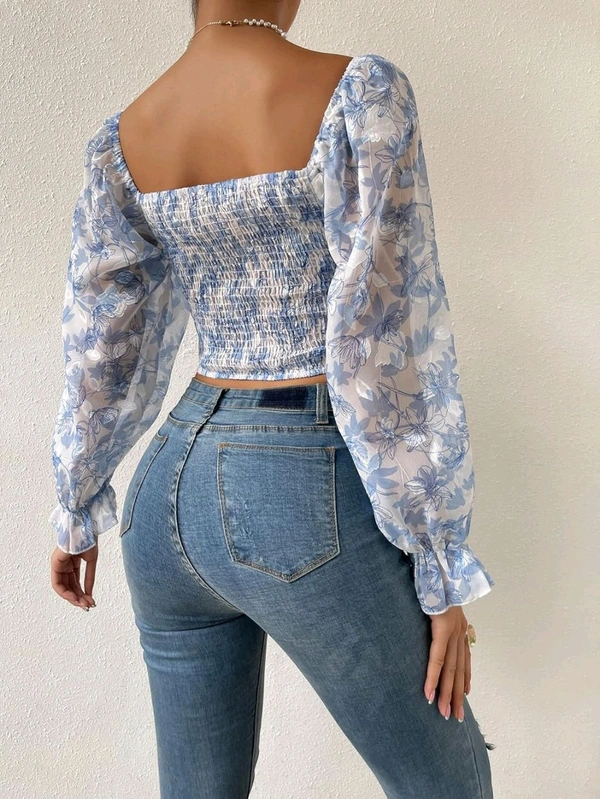 Women's Sweetheart Neck Bishop Sleeve Floral Print Crop Top - Manatee, XL