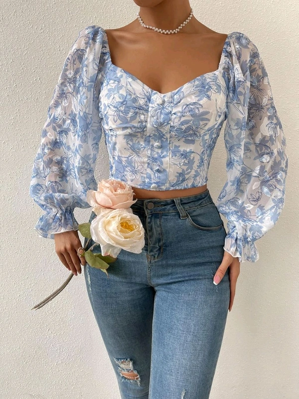 Women's Sweetheart Neck Bishop Sleeve Floral Print Crop Top - Manatee, XL