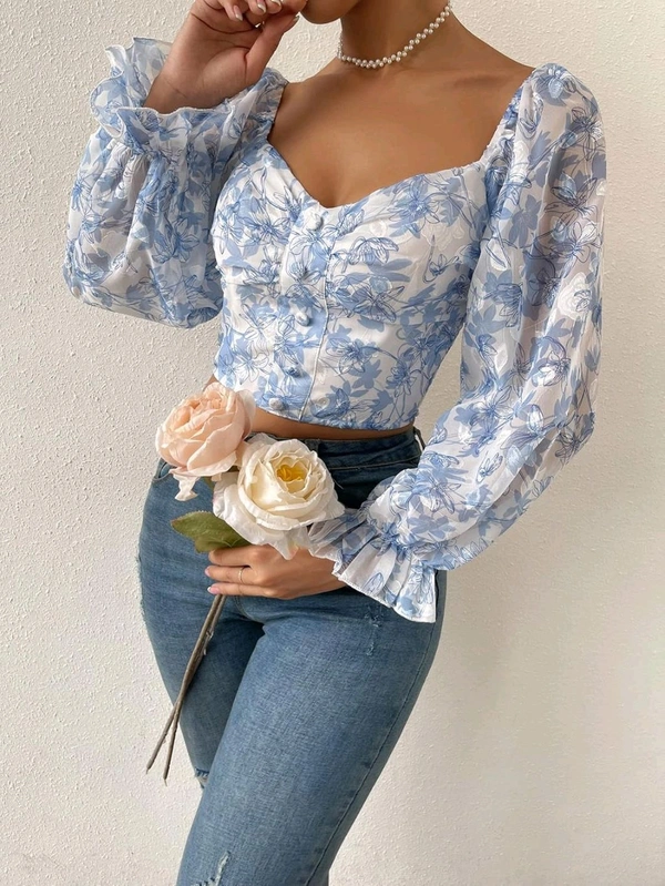 Women's Sweetheart Neck Bishop Sleeve Floral Print Crop Top - Manatee, XL