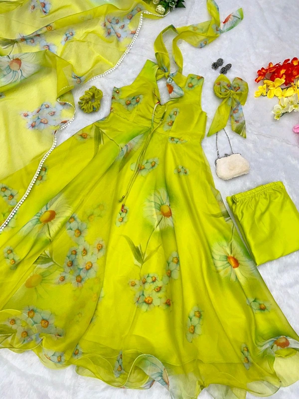 Lemon Green Color Digital Printed Anarkali Suit
 - Lemon, XL