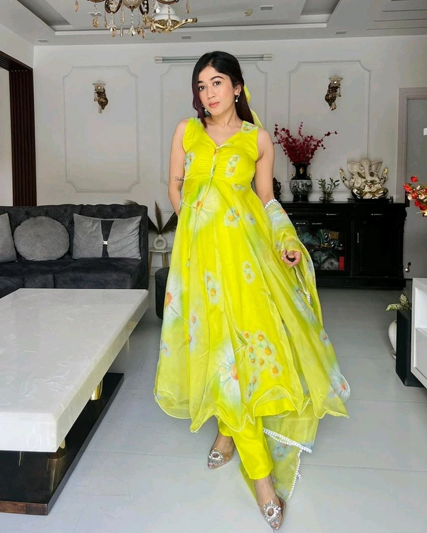 Lemon Green Color Digital Printed Anarkali Suit
 - Lemon, XXL