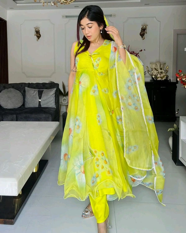 Lemon Green Color Digital Printed Anarkali Suit
 - Lemon, XXL