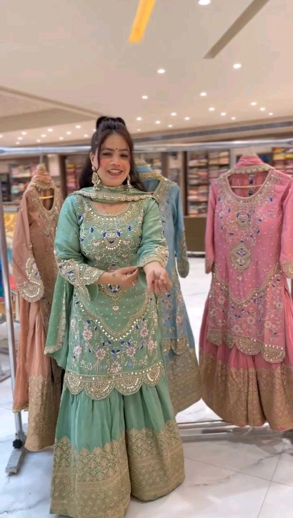 Stylish Heavy Work Teal Green Color Sharara Suit
 - Pista, L