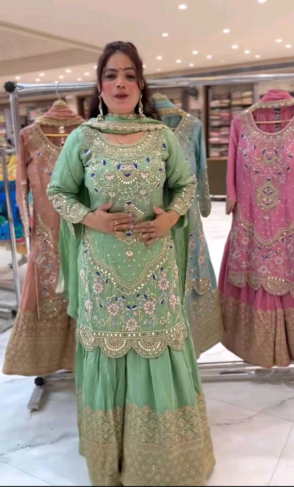 Stylish Heavy Work Teal Green Color Sharara Suit
 - Pista, L