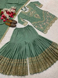 Stylish Heavy Work Teal Green Color Sharara Suit
 - Pista, XL