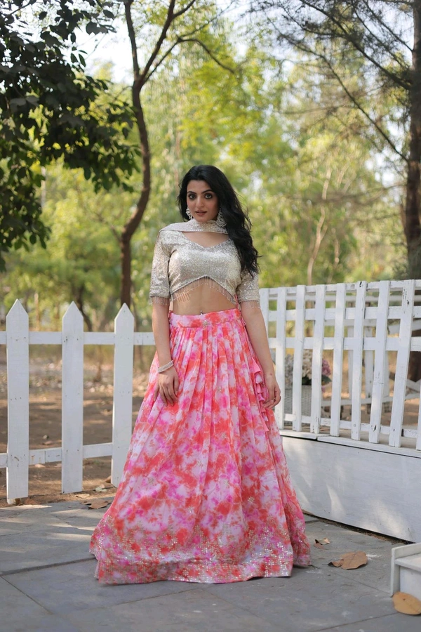 Heavy Sequins & Thread Embroidery Digital Printed Faux Georgette Lehenga Choli
 - Brick Red, Free Size