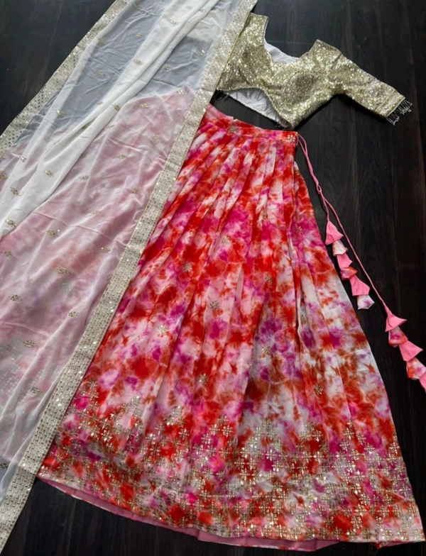 Heavy Sequins & Thread Embroidery Digital Printed Faux Georgette Lehenga Choli
 - Brick Red, Free Size