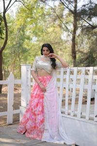 Heavy Sequins & Thread Embroidery Digital Printed Faux Georgette Lehenga Choli
 - Brick Red, XXL