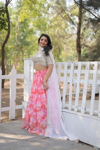 Heavy Sequins & Thread Embroidery Digital Printed Faux Georgette Lehenga Choli
 - Brick Red, XXL