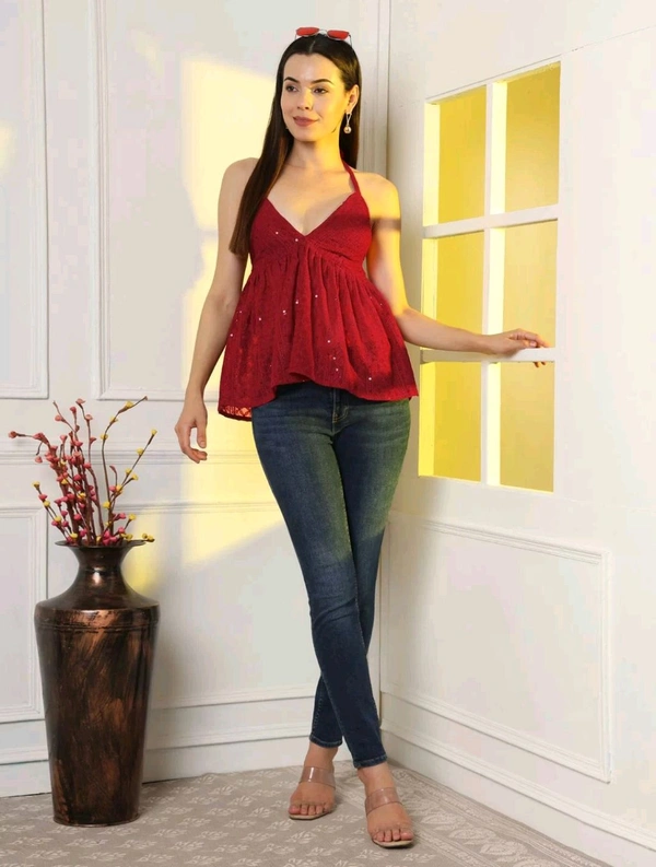 Cherry Red Embroidered Empire Top
 - Maroon, M