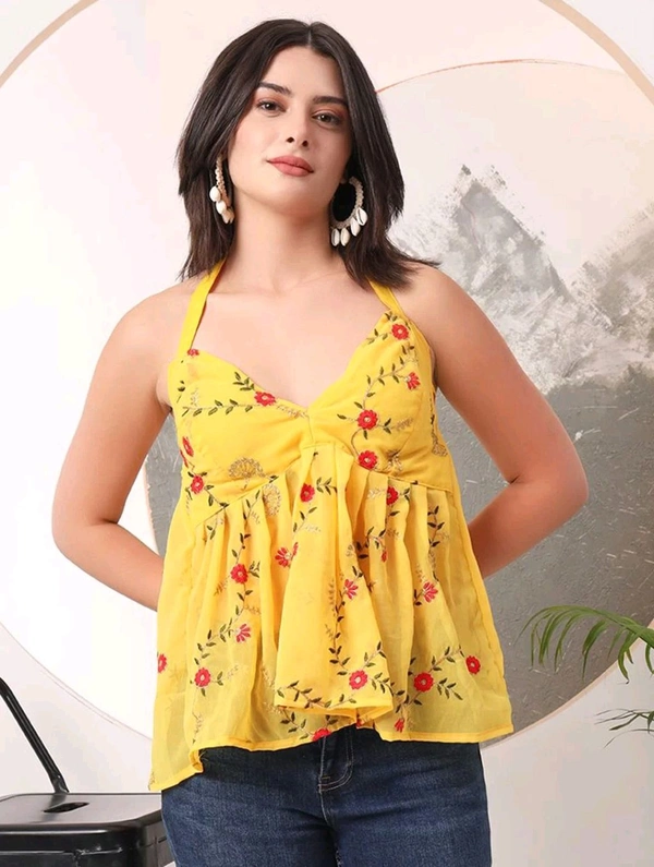 Cherry Red Embroidered Empire Top
 - Dandelion, XXS