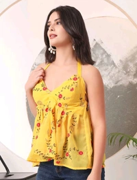 Cherry Red Embroidered Empire Top
 - Dandelion, XXS