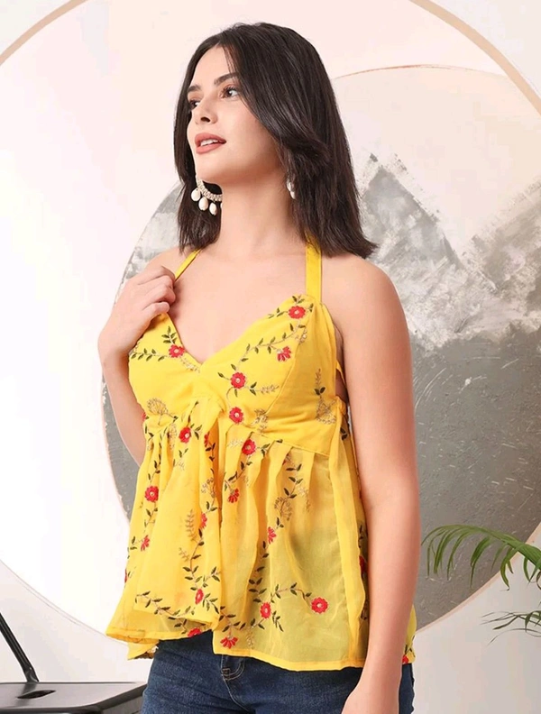 Cherry Red Embroidered Empire Top
 - Dandelion, XXS