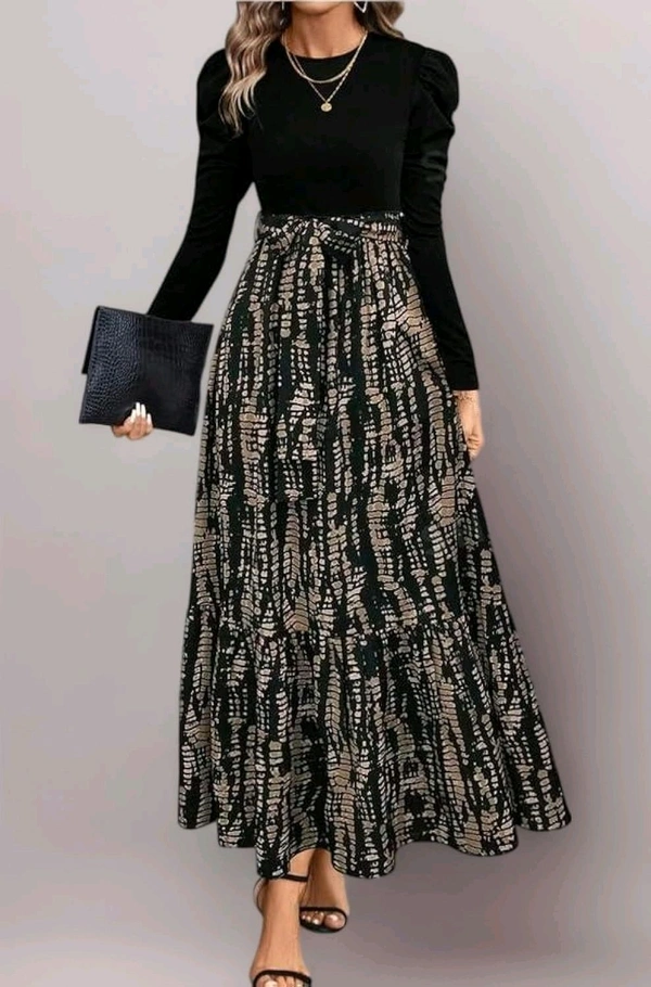 Clasi Women's Autumn Dress with Bow Tie Belt, Leaf & Floral Patchwork A-Line Dress Maxi Women Outfit Black - Black, XXS