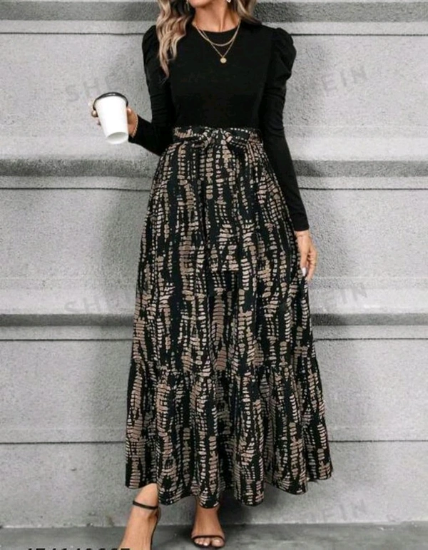 Clasi Women's Autumn Dress with Bow Tie Belt, Leaf & Floral Patchwork A-Line Dress Maxi Women Outfit Black - Black, XXS