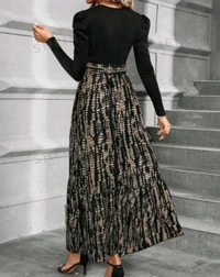 Clasi Women's Autumn Dress with Bow Tie Belt, Leaf & Floral Patchwork A-Line Dress Maxi Women Outfit Black - Black, XXS