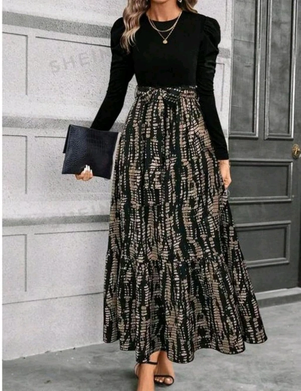 Clasi Women's Autumn Dress with Bow Tie Belt, Leaf & Floral Patchwork A-Line Dress Maxi Women Outfit Black - Black, XXL