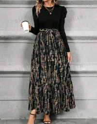 Clasi Women's Autumn Dress with Bow Tie Belt, Leaf & Floral Patchwork A-Line Dress Maxi Women Outfit Black - Black, XXL