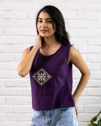 Women Sleeveless Cotton Top with Floral Embroidery – Stylish Ethnic Kurti Style Top for Girls | Trendy Casual Summer Outfit for Jeans & College Wear - L, Purple