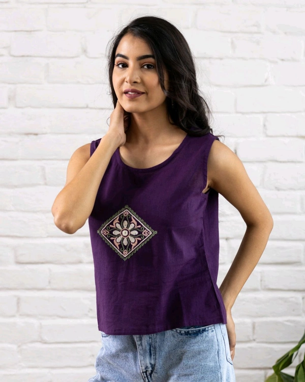 Women Sleeveless Cotton Top with Floral Embroidery – Stylish Ethnic Kurti Style Top for Girls | Trendy Casual Summer Outfit for Jeans & College Wear - L, Purple