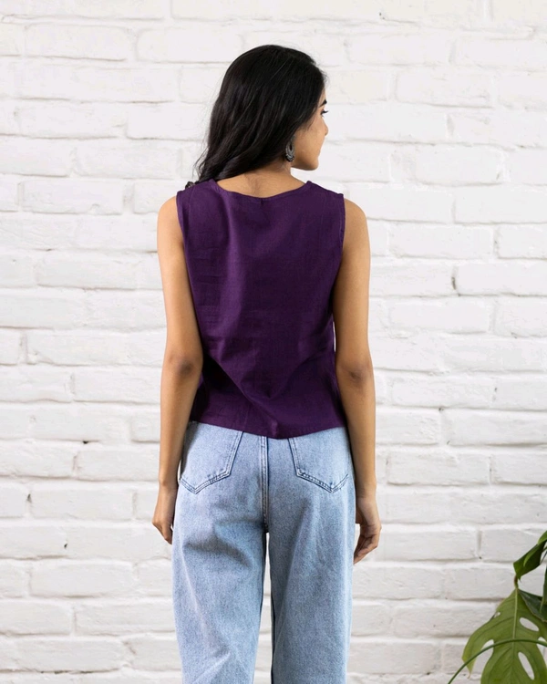 Women Sleeveless Cotton Top with Floral Embroidery – Stylish Ethnic Kurti Style Top for Girls | Trendy Casual Summer Outfit for Jeans & College Wear - L, Purple