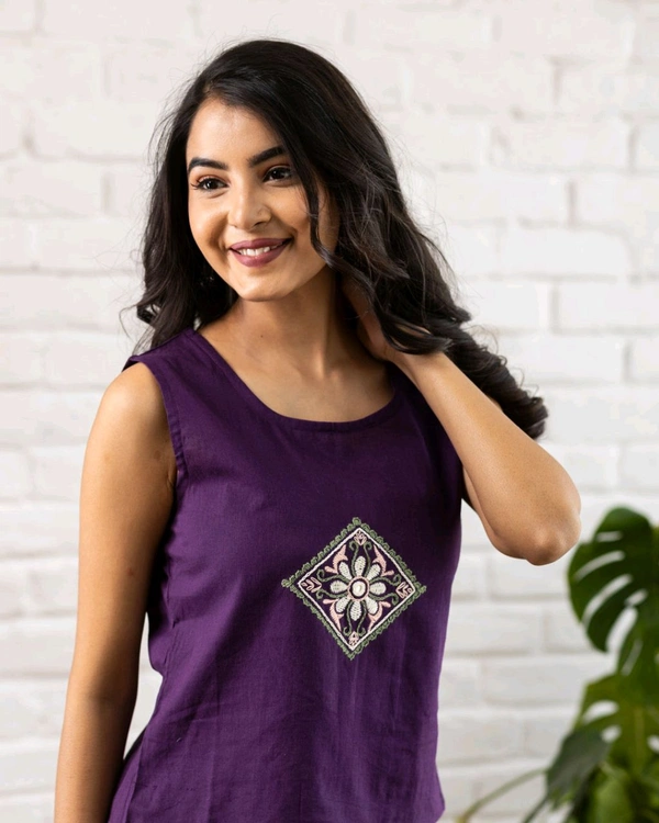 Women Sleeveless Cotton Top with Floral Embroidery – Stylish Ethnic Kurti Style Top for Girls | Trendy Casual Summer Outfit for Jeans & College Wear - XXL, Purple