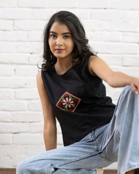 Women Sleeveless Cotton Top with Floral Embroidery – Stylish Ethnic Kurti Style Top for Girls | Trendy Casual Summer Outfit for Jeans & College Wear - M, Black