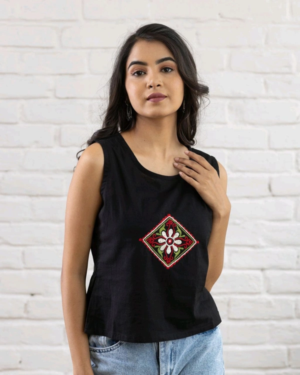 Women Sleeveless Cotton Top with Floral Embroidery – Stylish Ethnic Kurti Style Top for Girls | Trendy Casual Summer Outfit for Jeans & College Wear - XL, Black